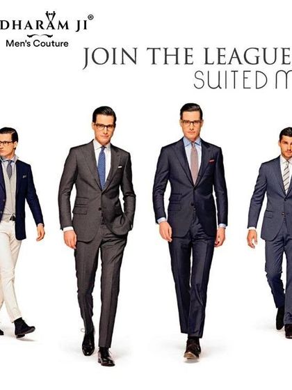 Join the league of suited men. This graphic showcases a range of modern, tailored suits for the discerning gentleman.