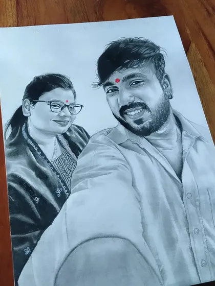 This selfie-style couple portrait was a paid commission. I work from your photos to create a realistic sketch that you can hang on your wall.