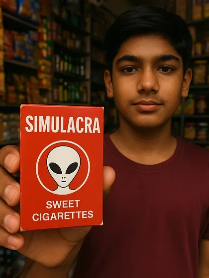 A boy holds up a pack of 'Simulacra' sweet cigarettes featuring an alien logo. This image plays with nostalgia and simulation theory, blending childhood memories with high-concept philosophy.