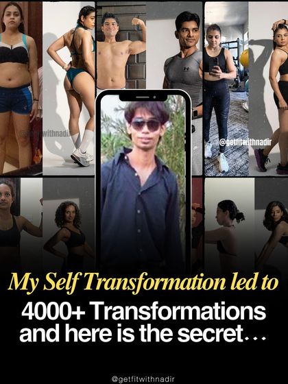 A collage of my transformation and my clients' transformations with the title "My Self Transformation led to 4000+ Transformations." My journey is the foundation of my coaching system.