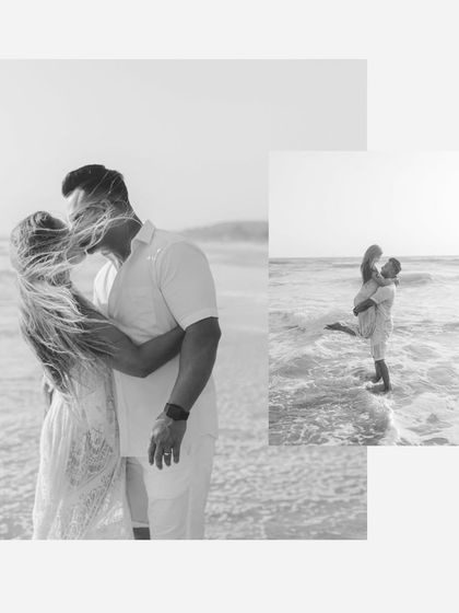 A collage of passionate black and white moments in the waves. The wind in her hair and the close embrace make for powerful, romantic images.