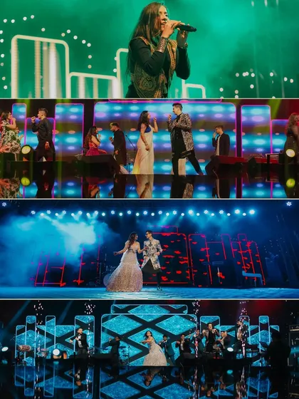 A collage showcasing the grand performances and stage setup of a Sangeet night, capturing the energy of the event.