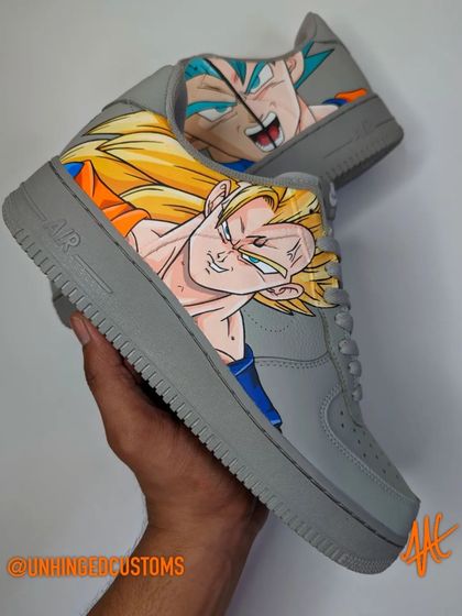 Another angle of the Goku and Vegeta custom AF1s. The grey base makes the vibrant Super Saiyan hair colors really stand out.