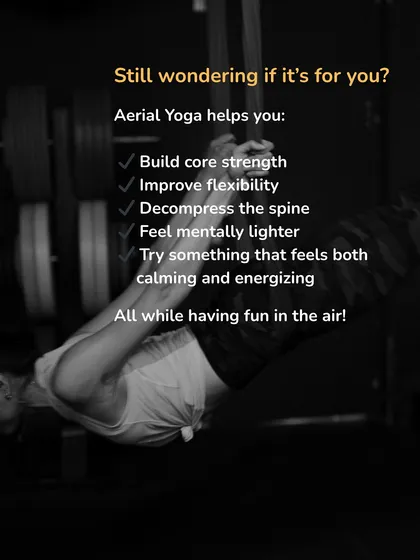 Still wondering if it is for you? Aerial yoga helps you build core strength, improve flexibility, and feel mentally lighter, all while having fun in the air.
