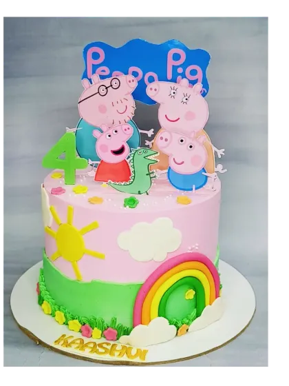 A cheerful Peppa Pig cake perfect for a 4th birthday. This basic vanilla cake is decorated with Peppa's family, a bright rainbow, and a sunny sky, all made with fresh, preservative-free ingredients.