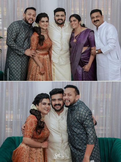 A beautiful family portrait. The groom's classic off-white kurta is a timeless choice for any traditional event.