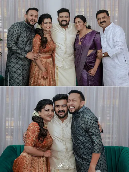 A beautiful family portrait. The groom's classic off-white kurta is a timeless choice for any traditional event.
