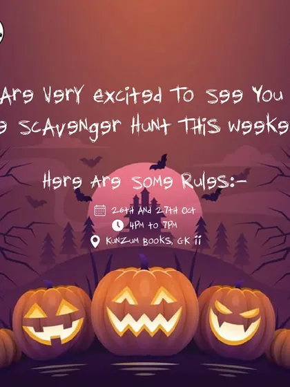 The rules for our Halloween Scavenger Hunt. We designed the activity to be a fun challenge for kids aged 8 to 14, encouraging them to explore the bookstore and solve clues independently.