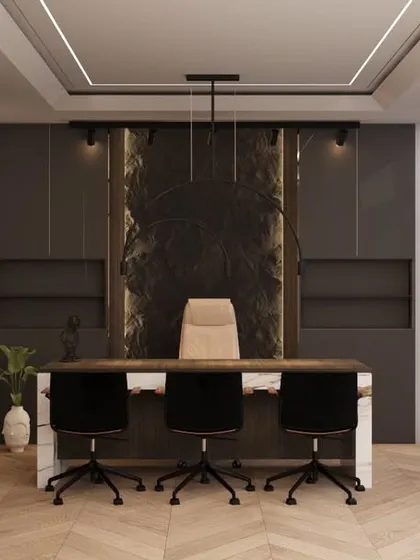 This is a 3D design for a luxury master cabin in a Delhi office. I focused on creating a powerful and sophisticated atmosphere with dark tones, a statement marble desk, and integrated storage. The layered lighting, including the cove ceiling and backlit panel, adds a rich, high-end feel.