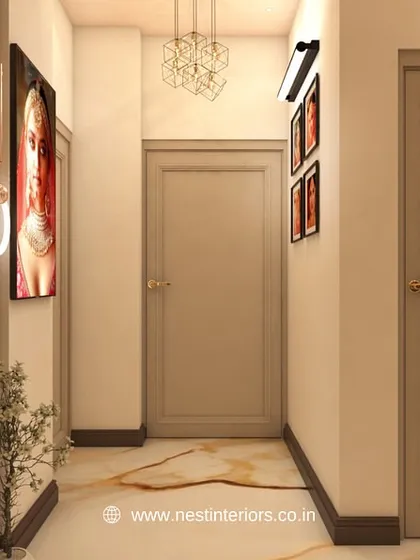 This is the passage design, connecting different sections of the jewelry store. I used clean lines, consistent door designs, and subtle decorative elements like the geometric chandelier and wall art to ensure the entire store feels cohesive and thoughtfully designed.