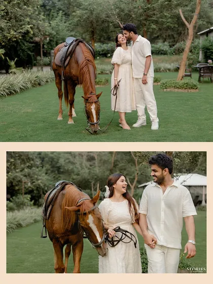 A unique and charming pre-wedding shot featuring a horse. This adds an element of rustic fairy tale to their love story, set in a beautiful green farm.