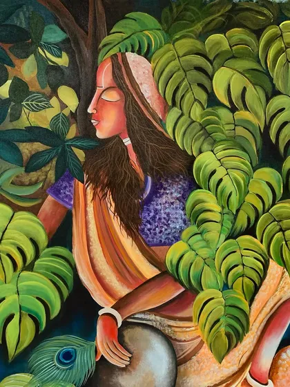 A full view of the serene lady in the forest painting.