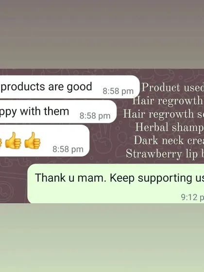 Simple and sweet. I am so glad this customer is happy with all the products she tried, from the hair regrowth kit to the dark neck cream and lip balm.