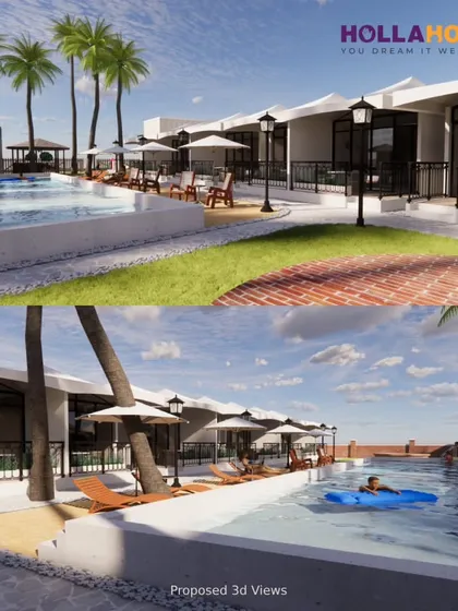 This is a 3D visualization of a sea-facing resort we designed in Alibaug. Our 3D previews allow clients to experience the space, from the poolside relaxation areas to the private villa exteriors, ensuring the final result perfectly matches their vision.
