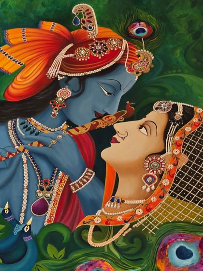 A close-up of a commissioned Radha Krishna masterpiece, showing the vibrant devotion in every brushstroke. I used gem-like stones, pearls, and textured details to add a regal depth to their jewelry and attire, making the divine story sparkle with elegance.