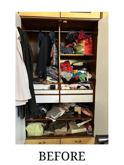 Before: The "His" side of the wardrobe, equally cluttered with clothes stuffed onto shelves and in drawers.