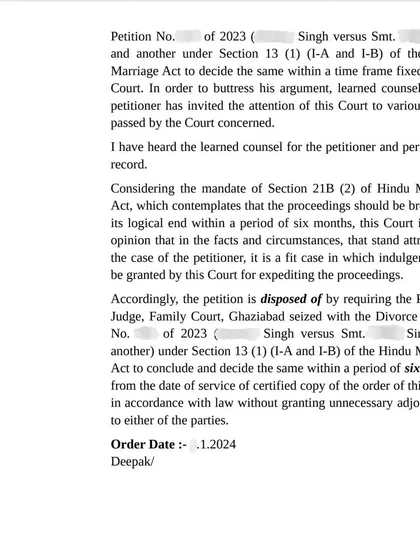 The final page of the High Court order, which directed the Family Court in Ghaziabad to conclude a divorce case within six months. This is a testament to our effective strategy in higher courts.