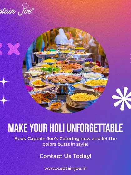 Make your Holi unforgettable with a burst of colors and flavors. This image of a vibrant buffet spread is an invitation to book my catering services and let your guests enjoy a stylish and delicious festive meal.
