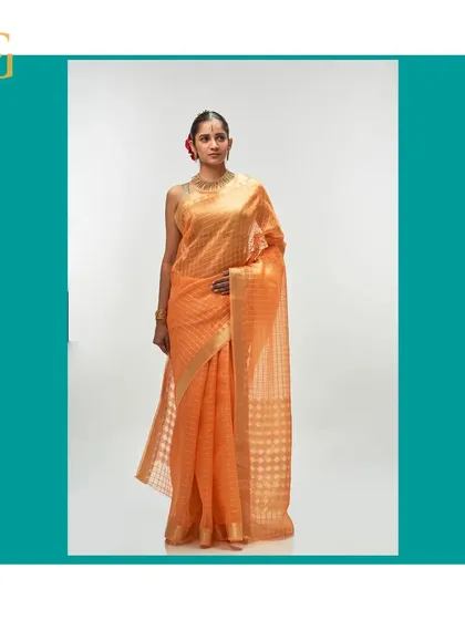 This orange iced tea silk organza saree offers a warm, inviting glow. The delicate gold zari checks add a festive touch.