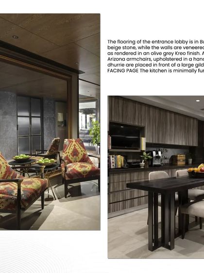 The entrance lobby and kitchen from the Elle Decor feature, highlighting the use of Burberry beige stone, olive grey veneered walls, and Arizona armchairs.