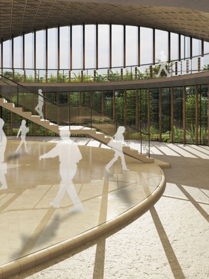 This rendering showcases a professional space designed for simplicity and functionality. The grand, light-filled atrium with its curved staircase is a perfect blend of form and function, creating an optimal environment for business.