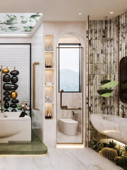 This view showcases the vanity area, with its floating sink and backdrop of vertically-laid marble tiles. The integration of plants adds a biophilic touch.