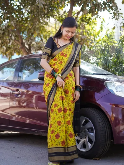 My lovely client Sudha mam flaunting her pure Mysore crepe digital print silk saree. The yellow floral print looks so cheerful and elegant on her.