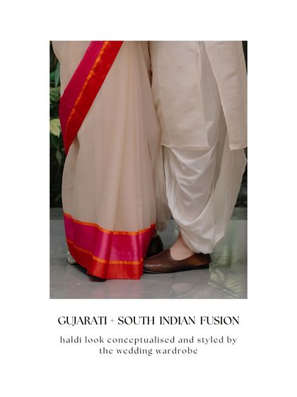 A detail shot of the coordinated Haldi look, showing the texture of the dhoti and the vibrant border of the saree.