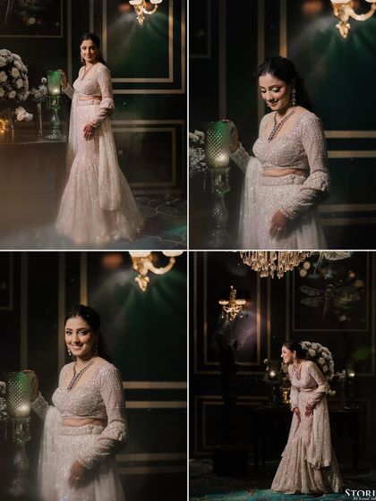 A collage of the bride, Diksha, in a stunning white lehenga. The moody, dark green background and soft lighting create a series of dramatic and elegant portraits.