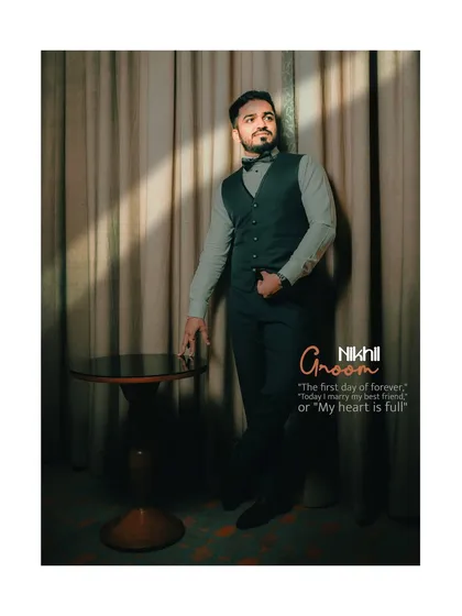 A stylish, candid portrait of the groom, Nikhil. I used shadow and light to create a moody, magazine-worthy shot that reflects his personality and anticipation for the day ahead.