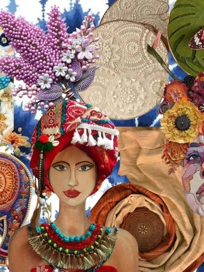 This is a glimpse into my creative process. A mood board like this helps me explore and combine different textures, colors, and fabric embellishments. It’s how I gather inspiration to design a piece that is completely unique to you.