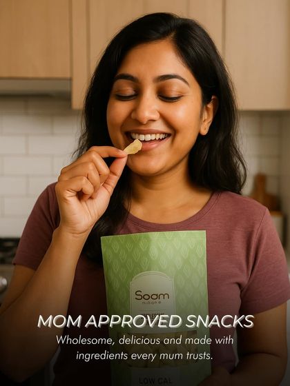 Mom-approved snacks. A woman smiles as she enjoys a wholesome, delicious snack made with ingredients every mum trusts.
