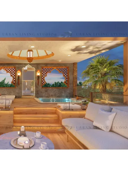 This render showcases the jacuzzi and lounge area of the Moroccan-themed project, with decorative window arches and lanterns enhancing the exotic feel.