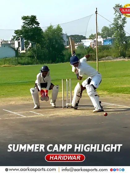 A classic cricket scene from our Haridwar summer camp: a batsman plays a shot while the wicketkeeper and slips are ready.
