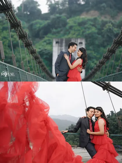 Two stunning shots of a couple on the bridge, with the bride's red ruffled gown creating a beautiful visual against the green landscape.