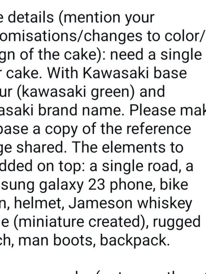 The detailed brief from the client for the Kawasaki cake. We love bringing specific visions to life.