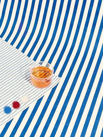 A canvas of indigo dreams. This flat-lay image captures the artistic details of the Transcendence Kimono Wrap set, with its rich blue stripes and bold red accents.