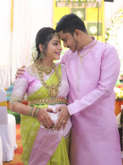My jewellery isn't just for weddings. This beautiful mom-to-be is wearing one of my traditional temple jewellery sets for her baby shower, showing how you can rent pieces for any of life's special occasions.