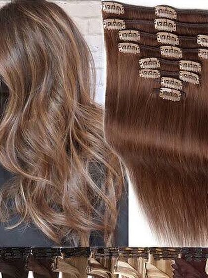 A collage showing various shades and styles of our clip-in hair extensions, emphasizing the high quality and versatility of our 100% human hair products.