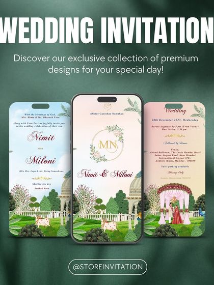 A closer look at our premium Pichwai-themed digital wedding invitations. The design features sacred cows, lush greenery, and architectural details, bringing ancient art to life in a modern format.