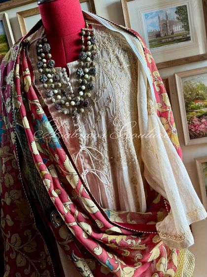 A three-quarter view of the styled Anarkali, showing how the different elements of the outfit come together.