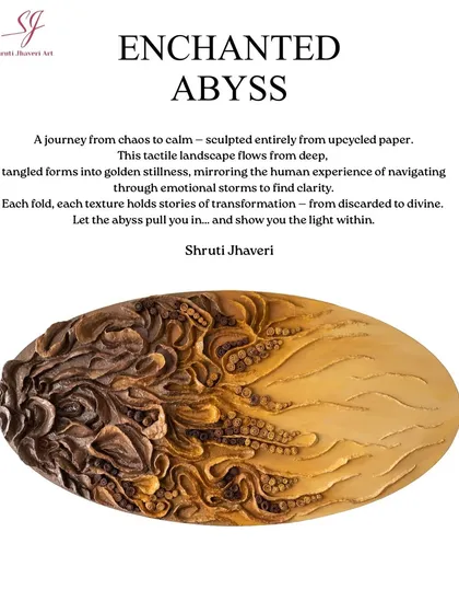 "Enchanted Abyss," a journey from chaos to calm sculpted entirely from upcycled paper. This tactile landscape flows from deep, tangled forms into golden stillness, mirroring the experience of finding clarity.