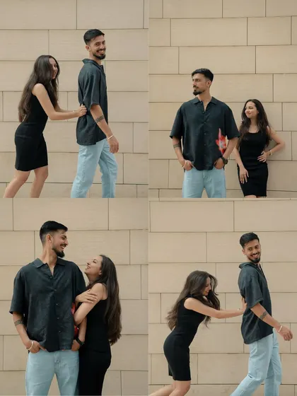 A sequence of four playful and candid moments against a simple wall. This shows how I can create a mini-story within a single image, capturing the laughter and teasing that makes a relationship unique.
