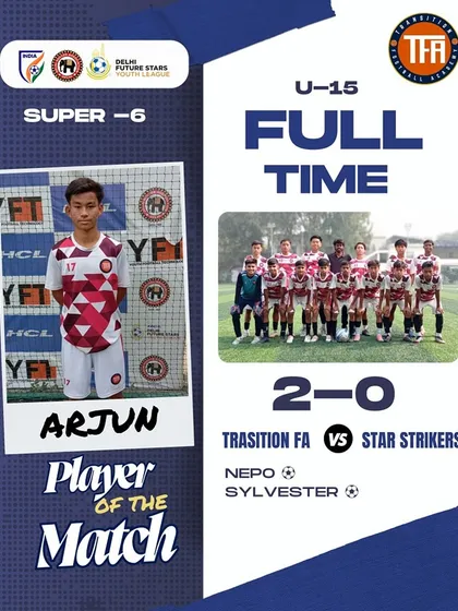 My U-15s secured a clean 2-0 victory over Star Strikers, with Arjun earning the Player of the Match award.