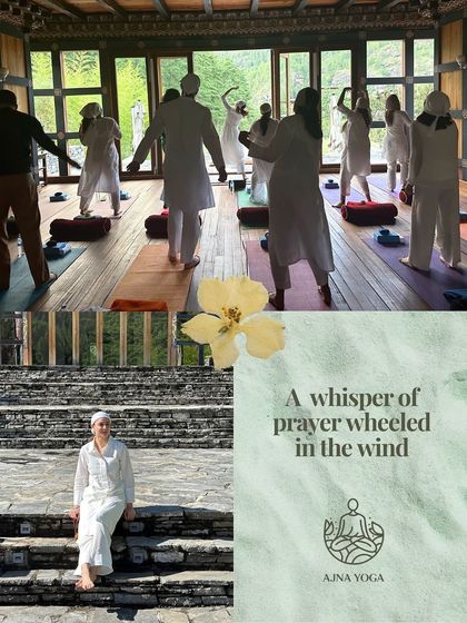 A collage from our Bhutan retreat, showing our group practicing in a beautiful wooden hall and me sitting on the steps of an ancient structure. It was a journey of culture, nature, and mindfulness.