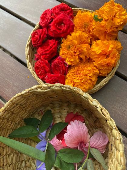 A vibrant selection of fresh marigolds and roses, ready to be used in our flower pounding workshop. We always use locally sourced, fresh materials to get the best colours.