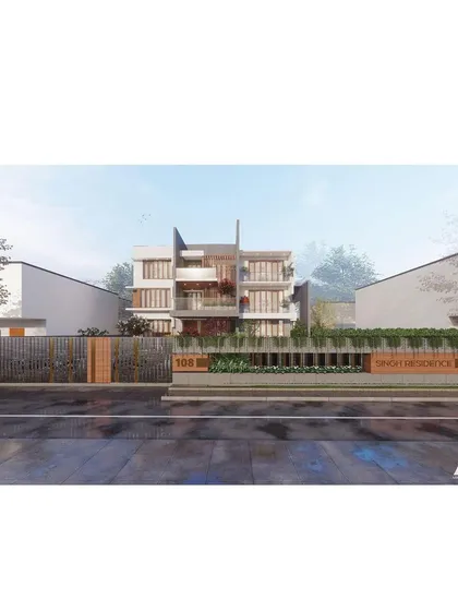 This architectural render showcases the 'Singh Residence' facade. Our goal was to design an iconic and modern home that reflects the client's lifestyle, with a strong emphasis on clean lines, integrated landscaping, and a commanding street presence.