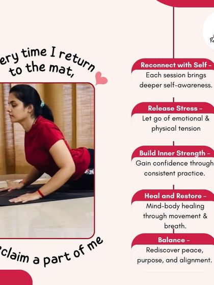 Every time I return to the mat, I reclaim a part of myself. This graphic illustrates the journey of self-discovery through yoga, from reconnecting with the self and releasing stress to building inner strength and finding balance.