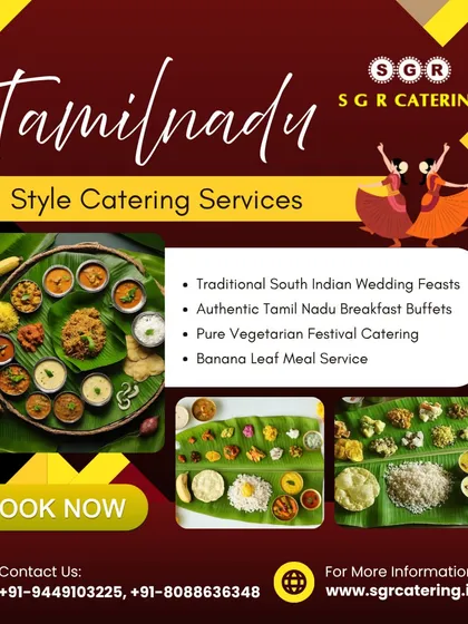 We offer comprehensive Tamil Nadu style catering, from traditional wedding feasts and banana leaf meals to convenient breakfast buffets. This collage showcases the variety we provide, ensuring an authentic taste of Tamil cuisine for any event format.