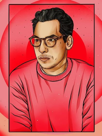 This portrait of Rogê for Bandcamp Weekly uses repetition and a target-like background to create a dynamic, pop-art feel.